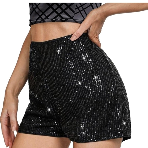 NWOT Elegant Black Sequin High Waist Shorts - Picture 5 of 9